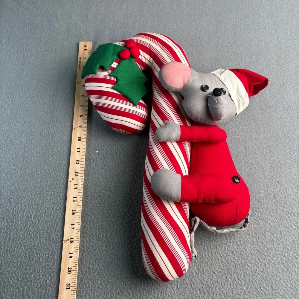 Vintage Christmas Mouse Hugging Candy Cane Plush Wall Hanging Decor 21
